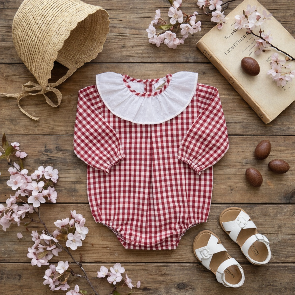 Red Gingham Baby Romper with Ruffle Collar