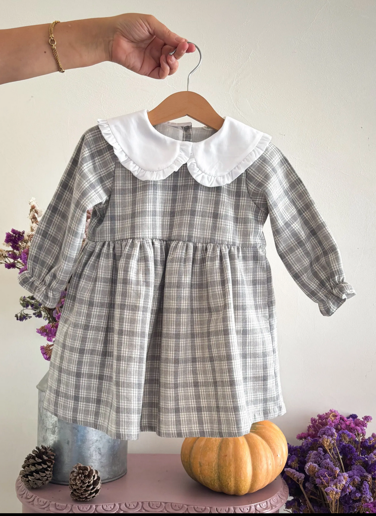 Grey Plaid Cotton Girls’ Dress with Peter Pan Collar