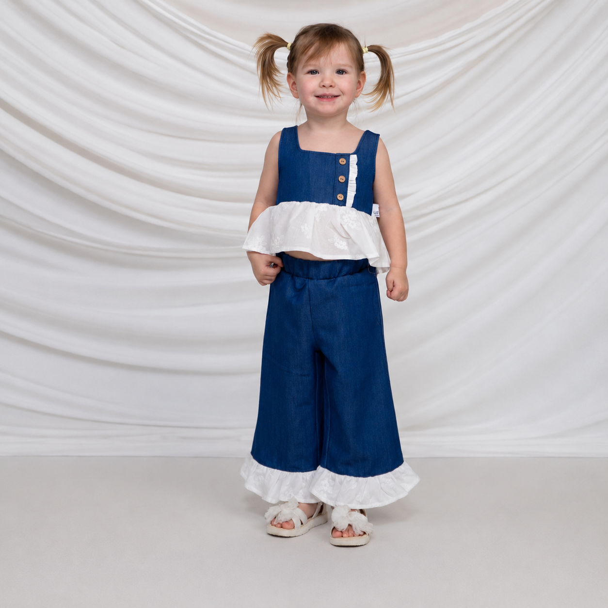 Denim Bloom Girls Set – Ruffle Top & Wide Leg Pants