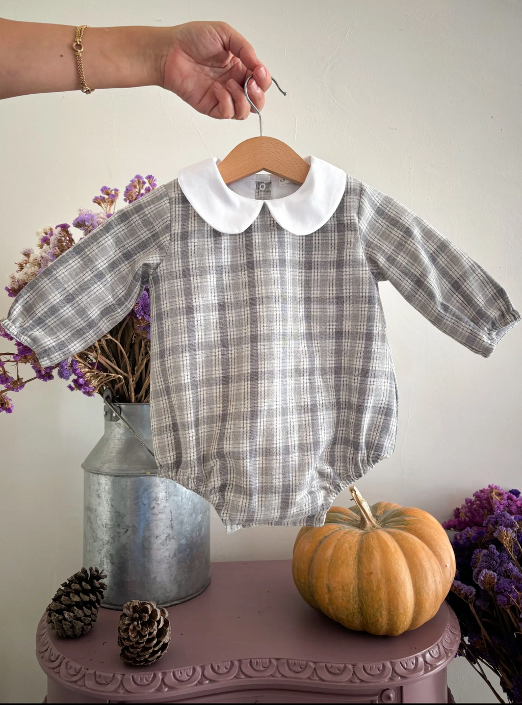 Grey Check Baby Romper – Peter Pan Collar