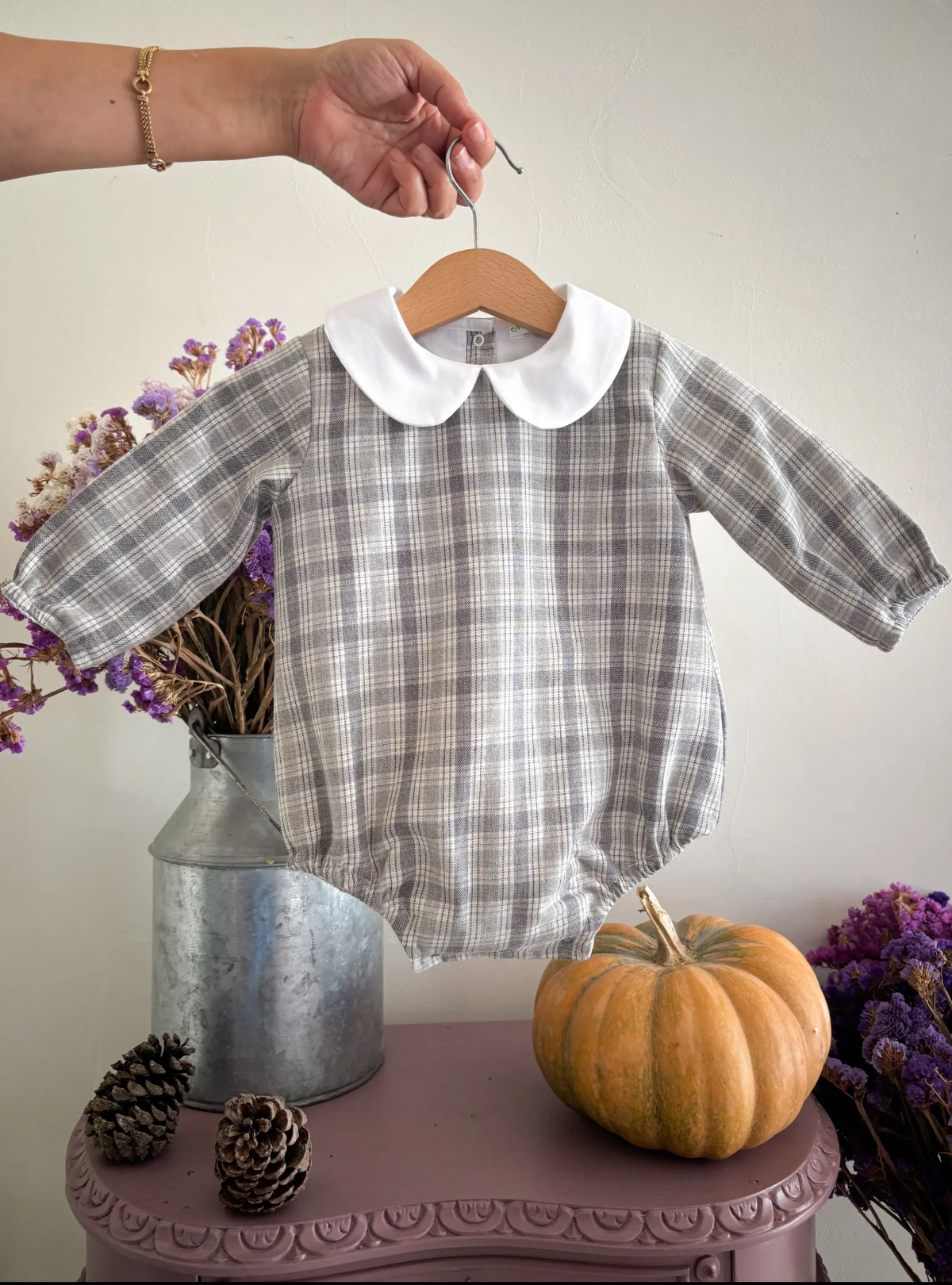Grey Check Baby Romper – Peter Pan Collar