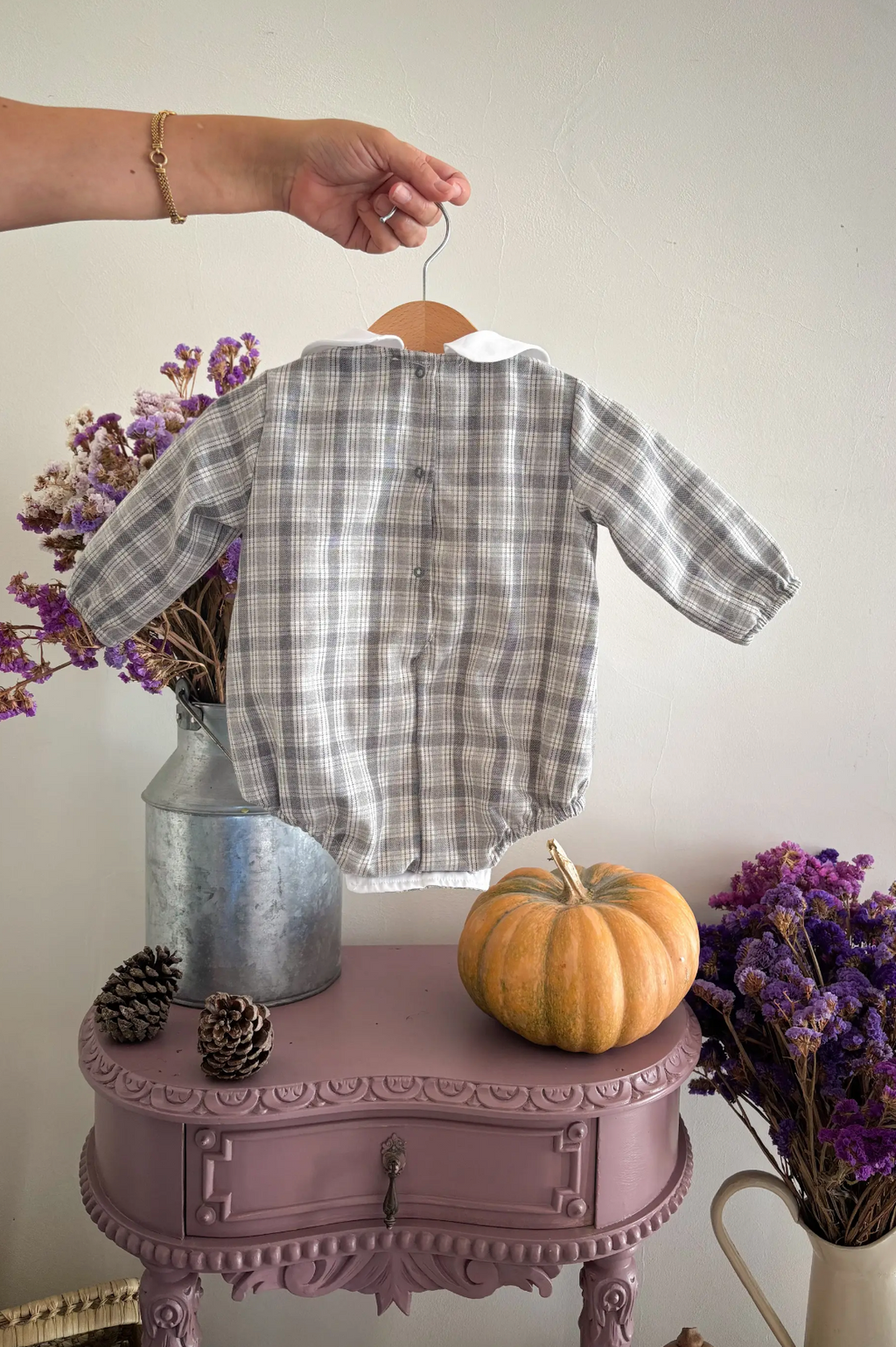 Grey Check Baby Romper – Peter Pan Collar
