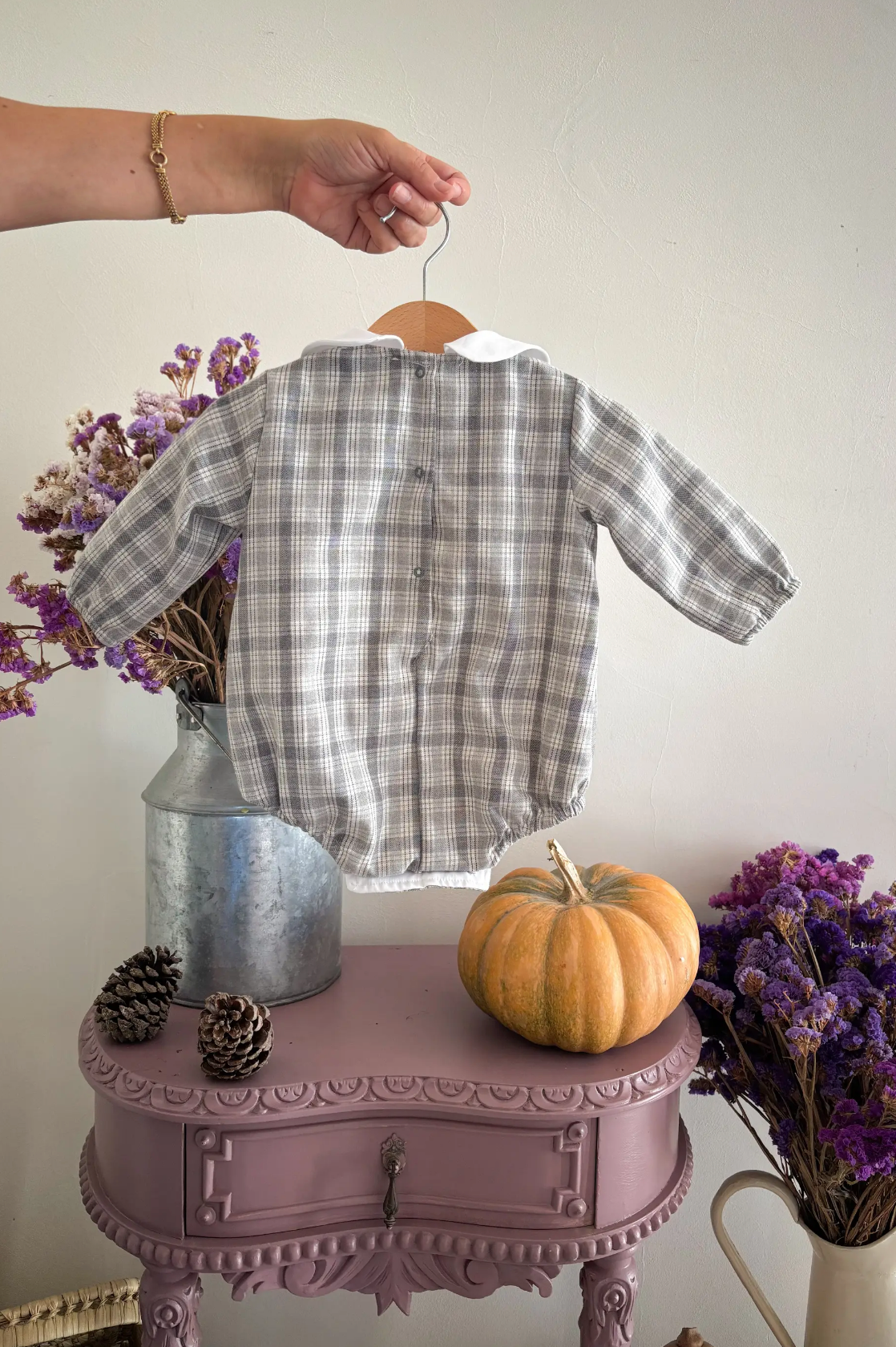 Grey Check Baby Romper – Peter Pan Collar