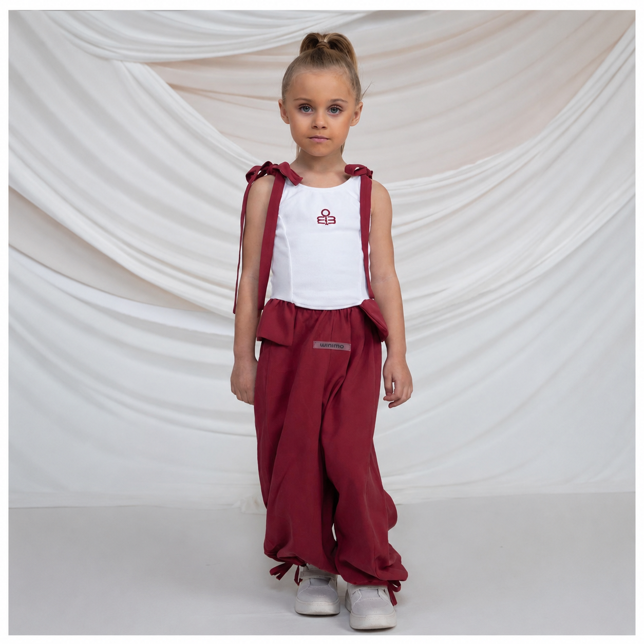 Girls’ Two-Piece Set in White & Burgundy with Bow Details
