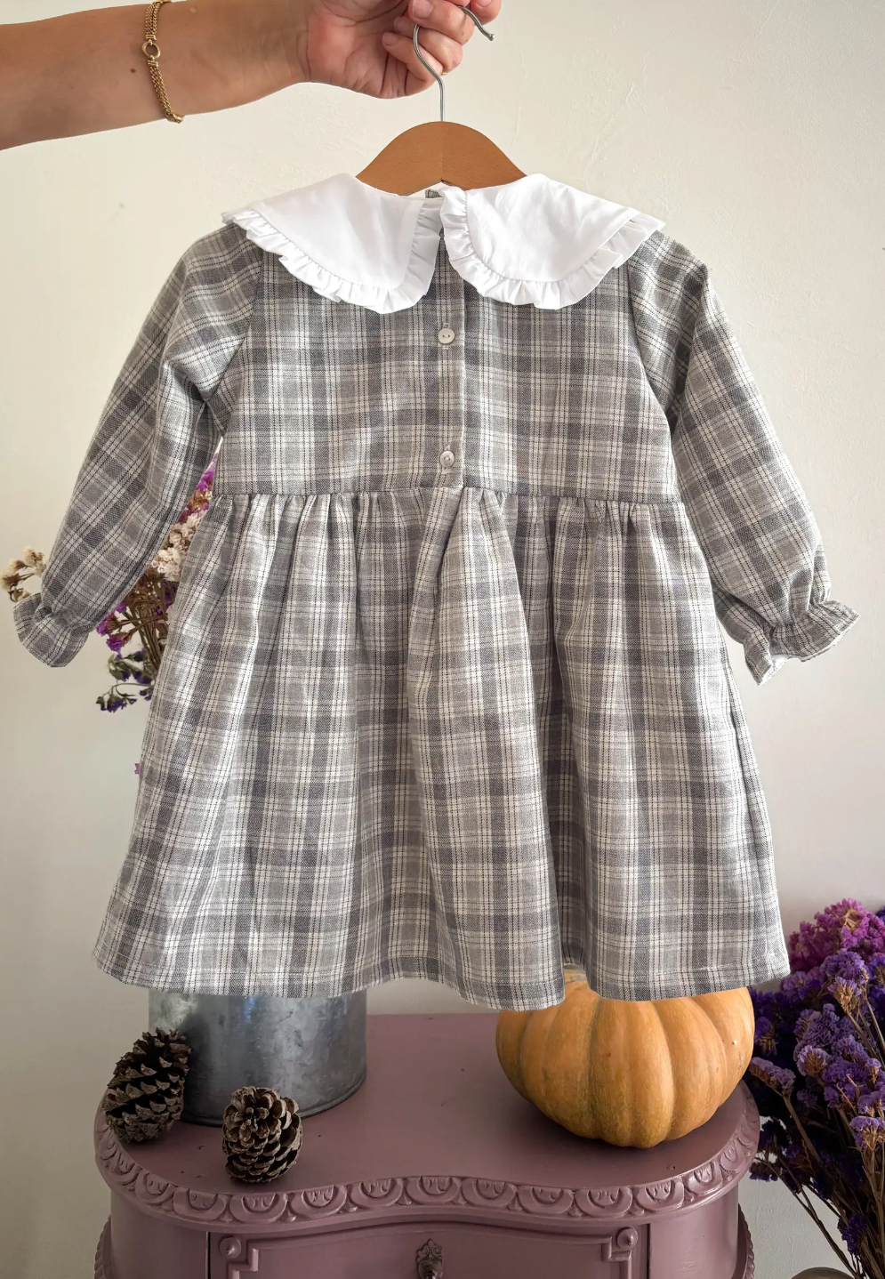 Grey Plaid Cotton Girls’ Dress with Peter Pan Collar