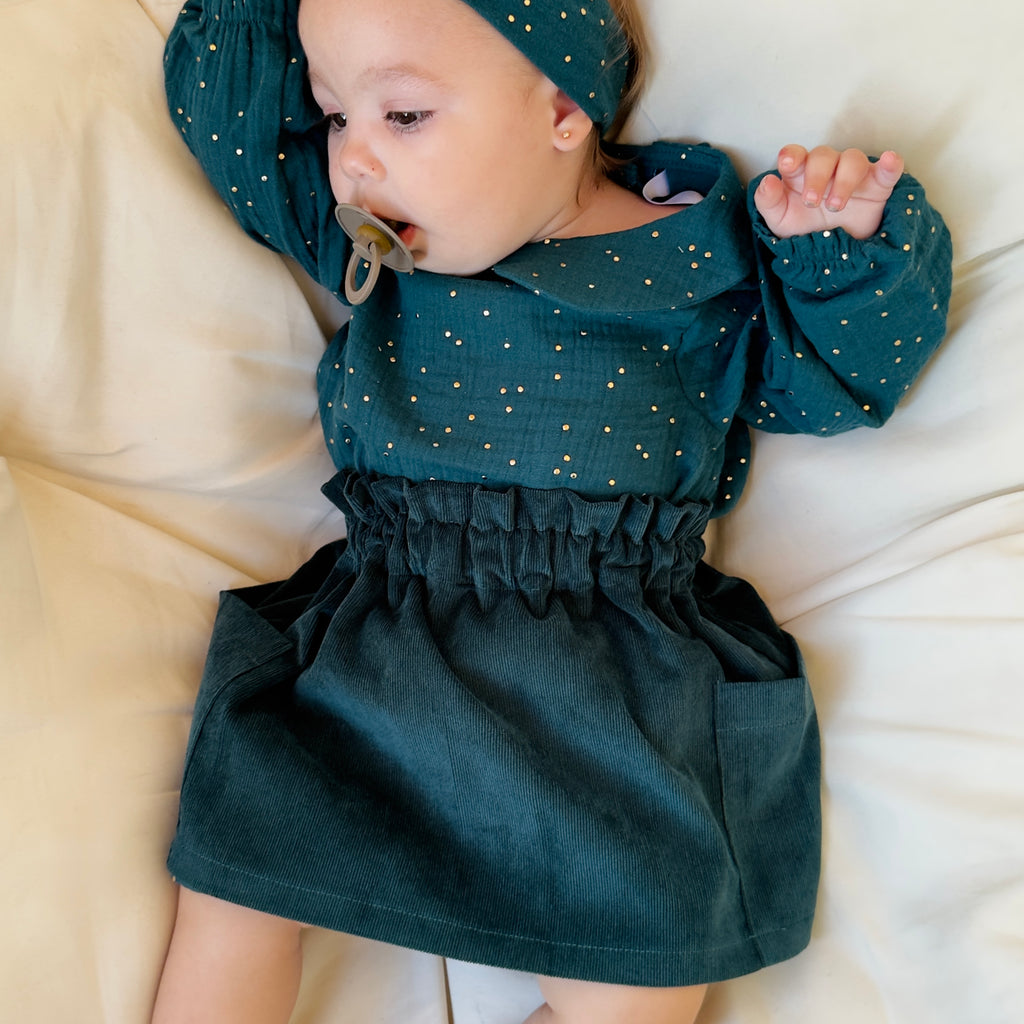 Petit Martin Baby Skirt Emerald Green 2-in-1 Reversible Cotton