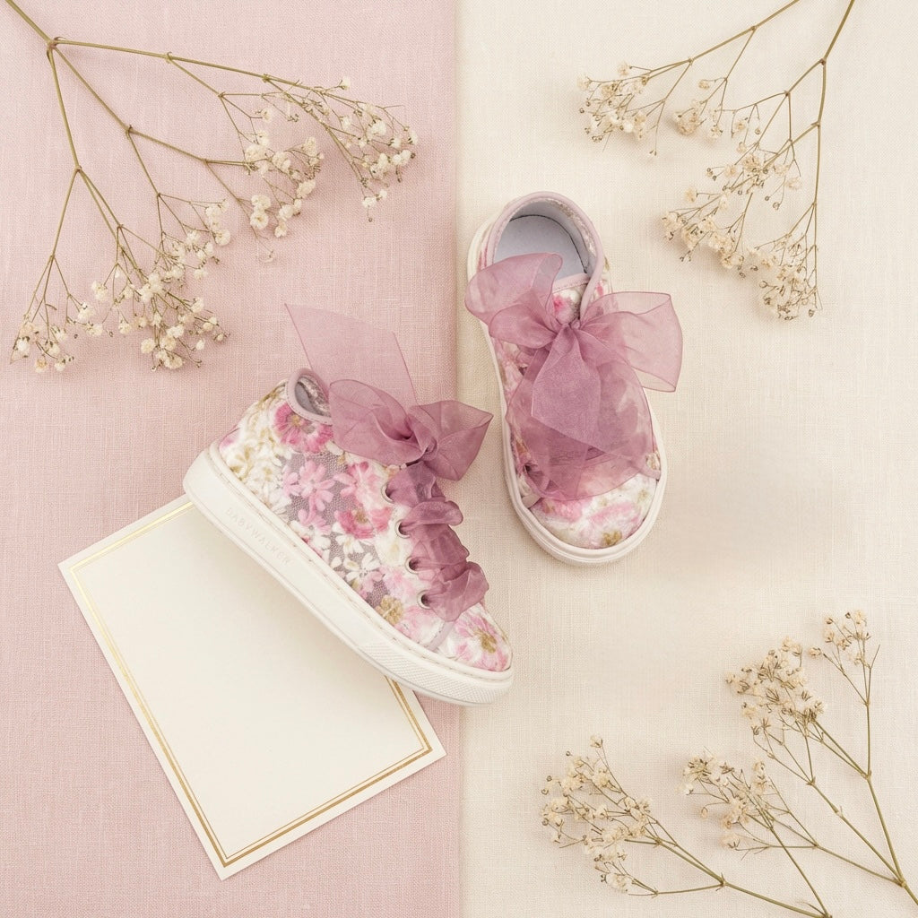 Girls Pink Floral Shoes with Organza Ribbon Babywalker