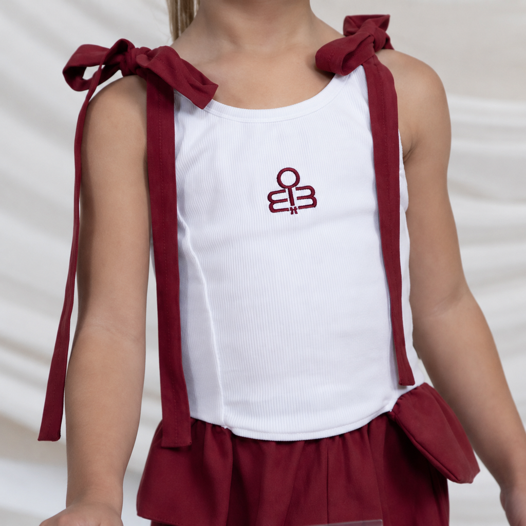 Girls’ Two-Piece Set in White & Burgundy with Bow Details