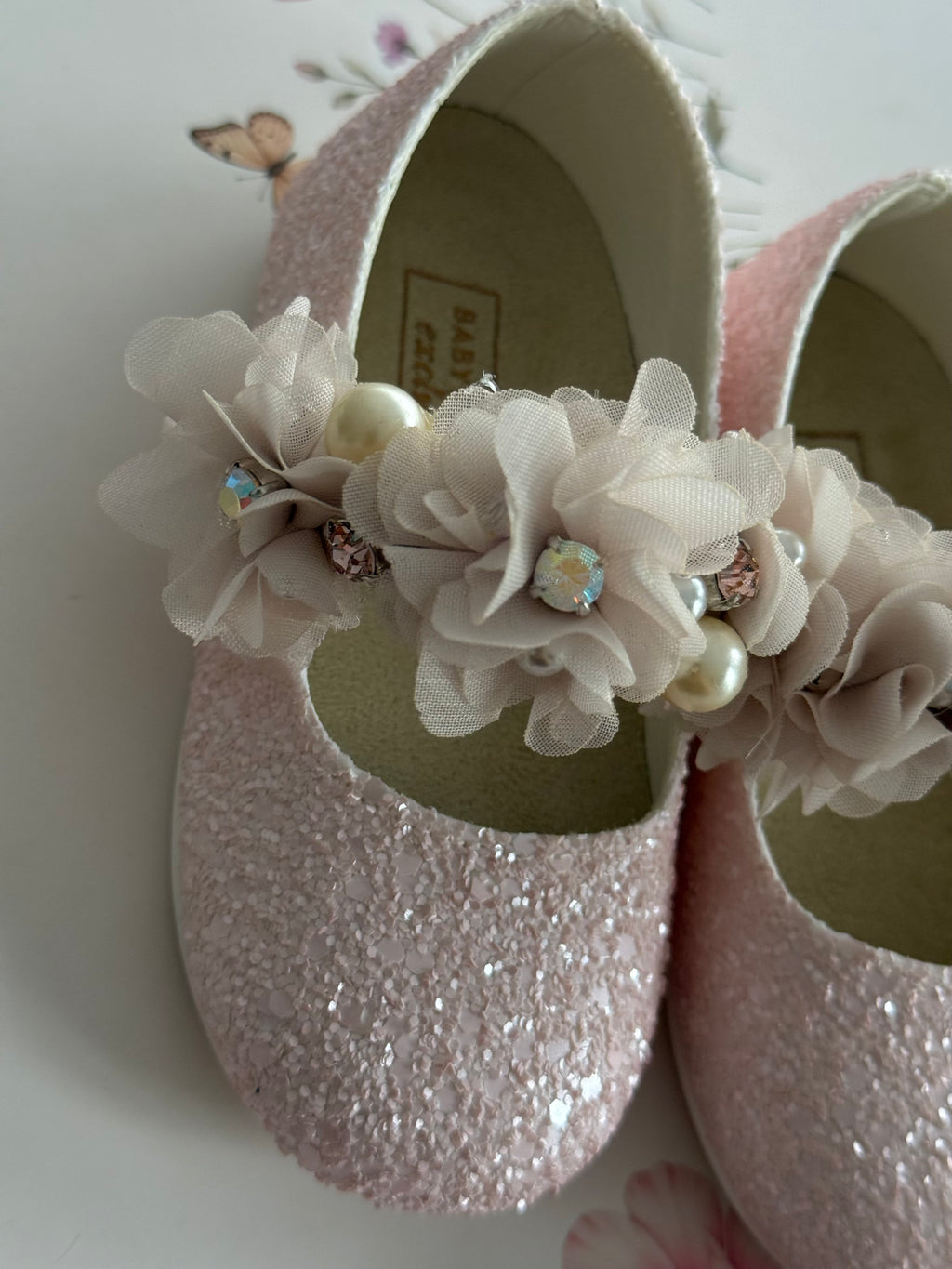 Girls Pink Glitter Shoes with Floral Strap Babywalker