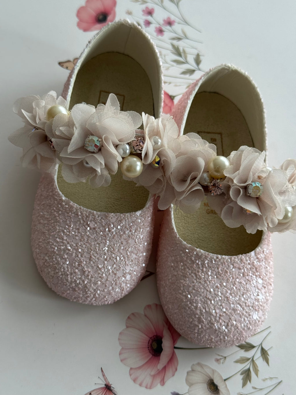Girls Pink Glitter Shoes with Floral Strap Babywalker