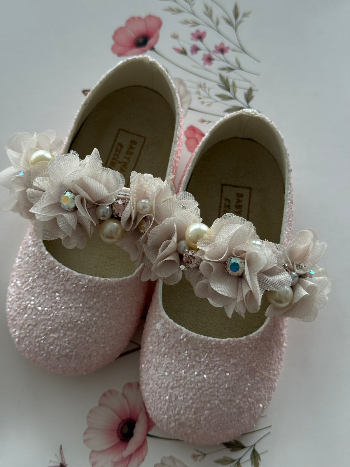 Girls Pink Glitter Shoes with Floral Strap Babywalker