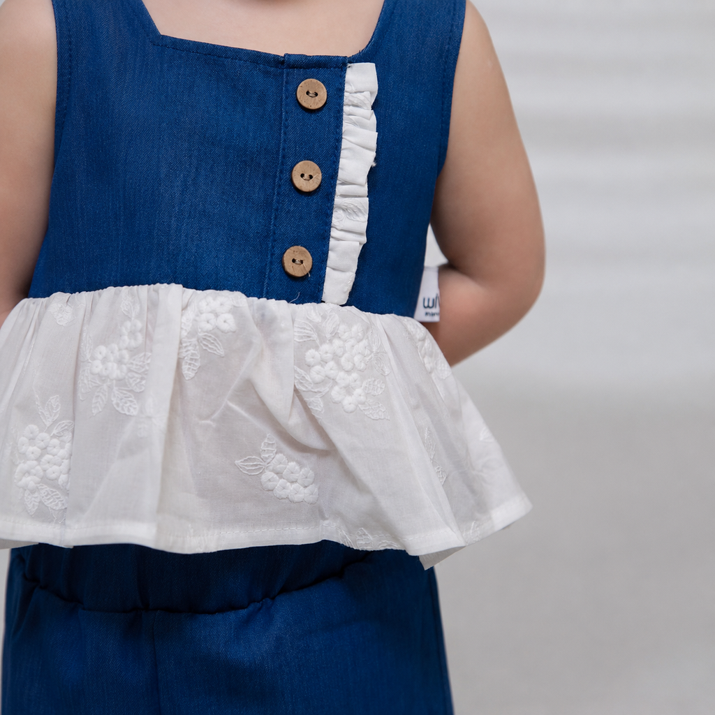 Denim Bloom Girls Set – Ruffle Top & Wide Leg Pants