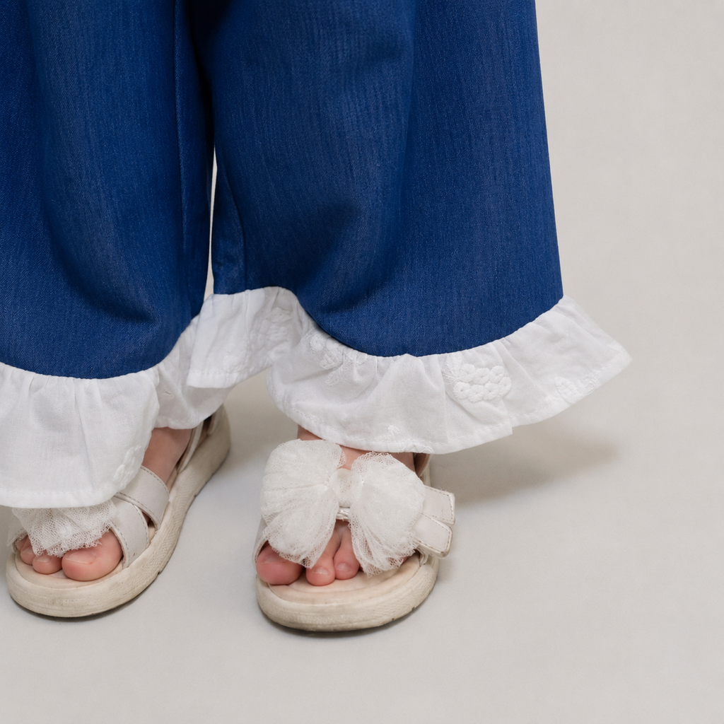 Denim Bloom Girls Set – Ruffle Top & Wide Leg Pants