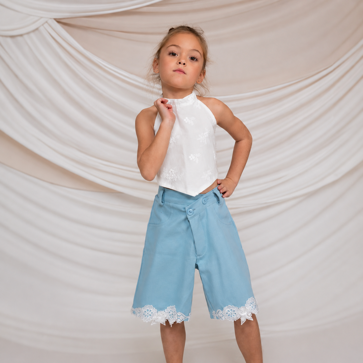 White Broderie Halter Top & Blue Denim Bermuda Set for Girls