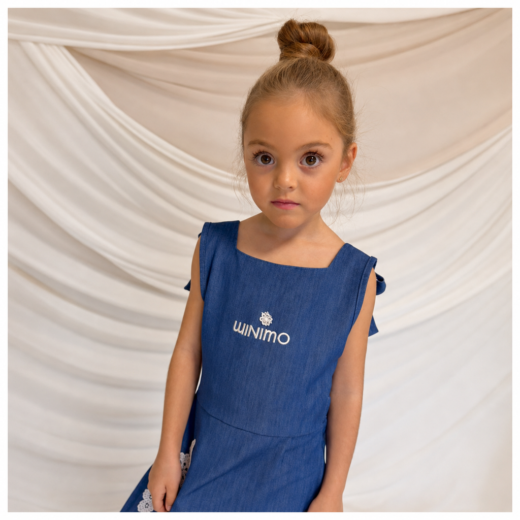 Elegant Blue Denim Girls Dress with Open Back & Lace Details