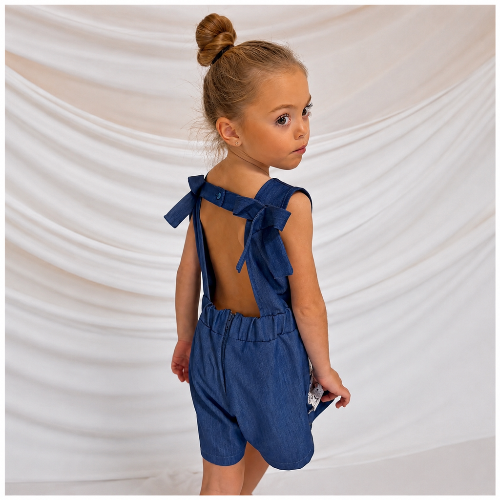Elegant Blue Denim Girls Dress with Open Back & Lace Details