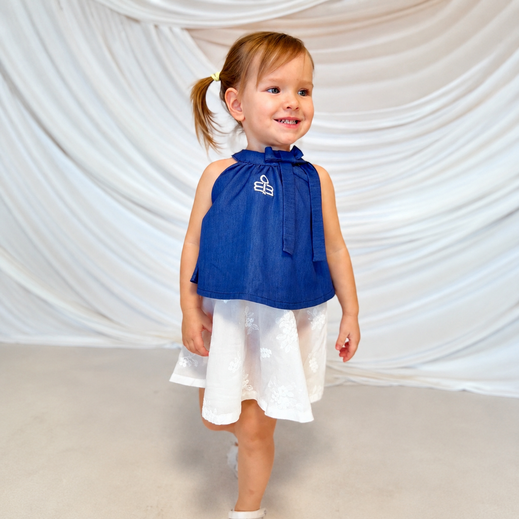 Elegant Blue & White Girls Dress with Bow Detail