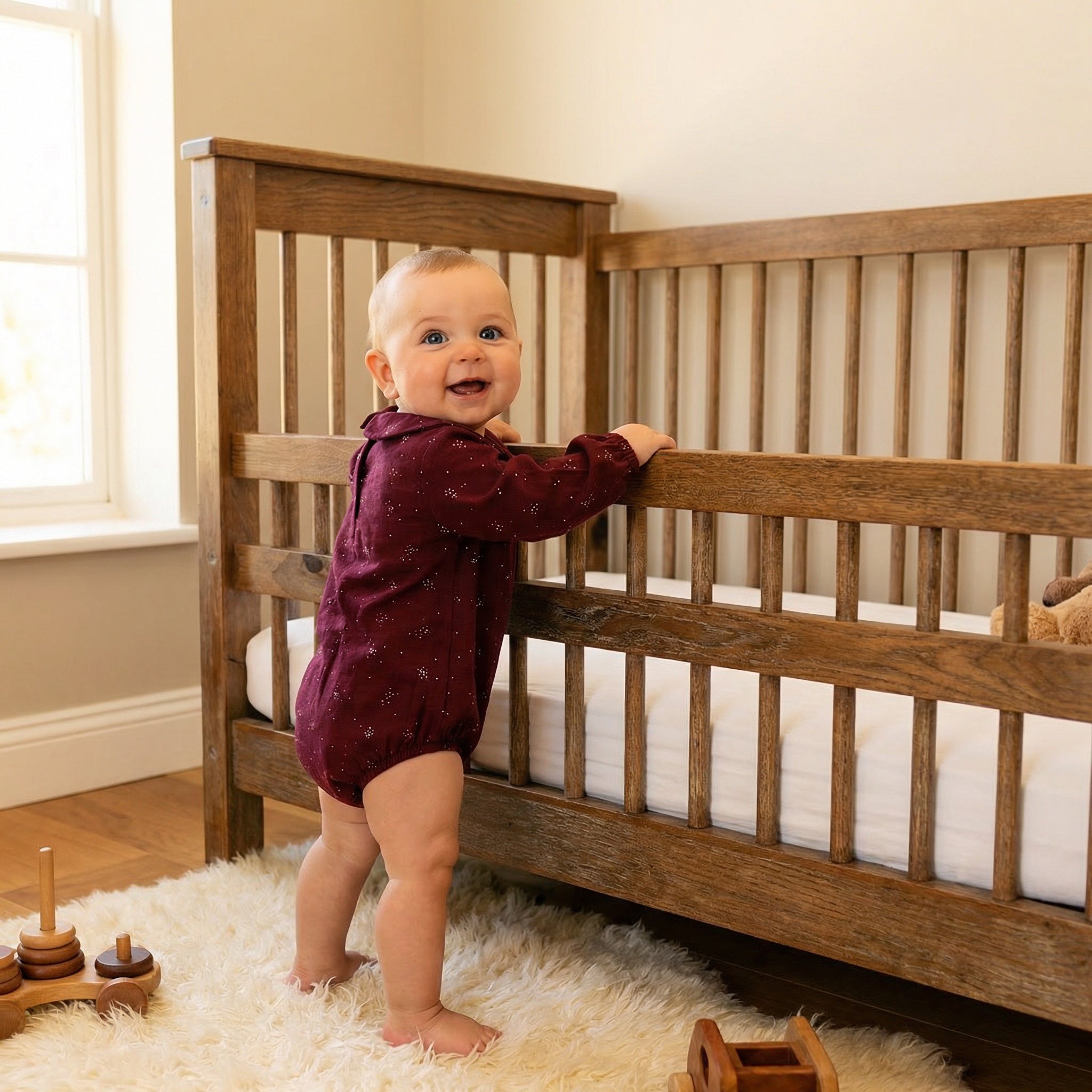 Petit Martin Burgundy Glitter Baby Romper with Claudine Collar Handmade Cotton
