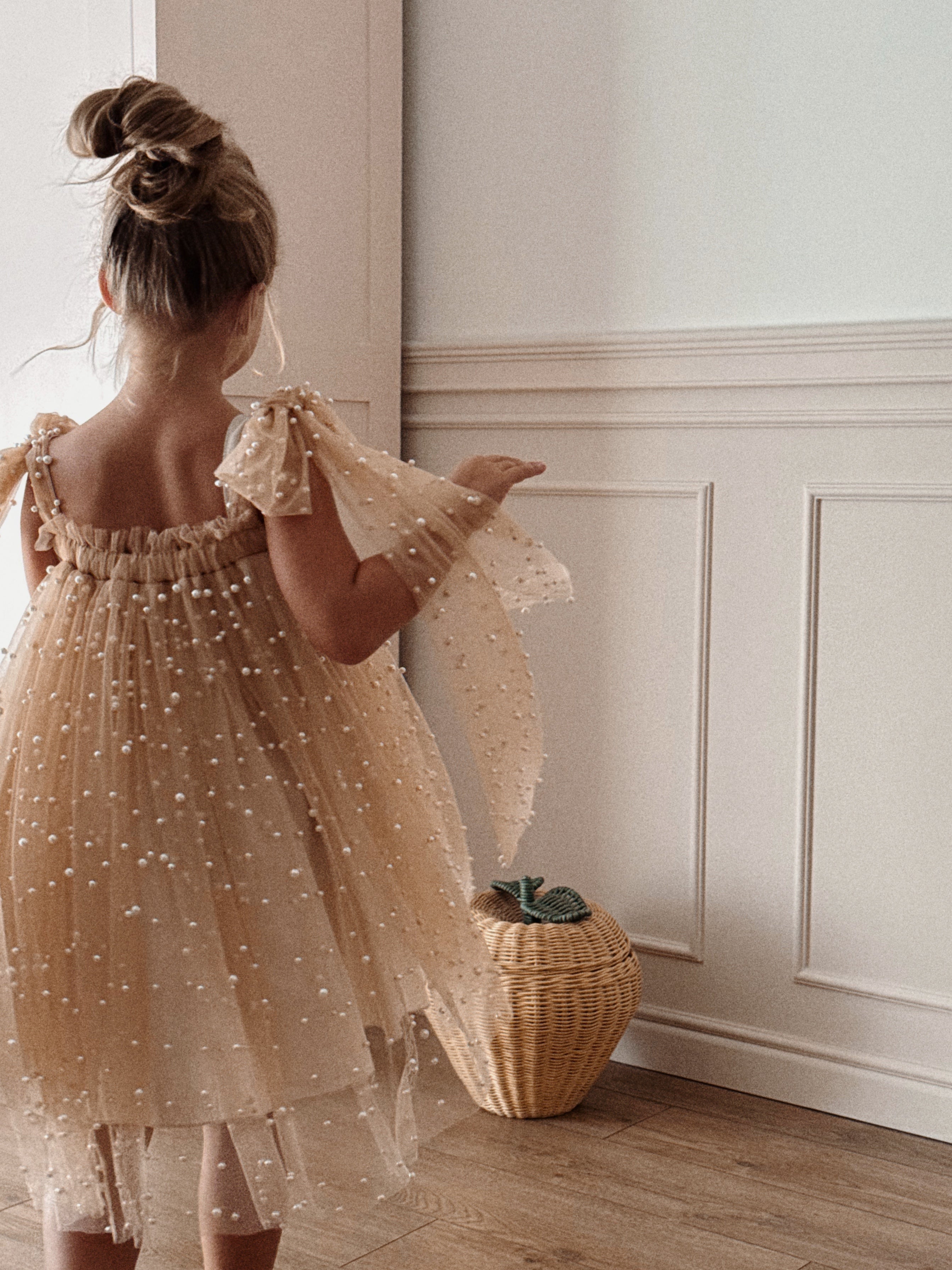 pearl champagne dress Chic / Beautiful Champagne Beading Pearl Sequins Flower Party Dresses 2024 Ball Gown High Neck Puffy Short Sleeve Backless Tea-length Cocktail Party