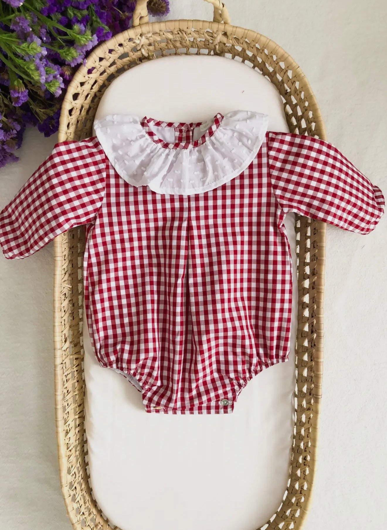 Red Gingham Baby Romper with Ruffle Collar