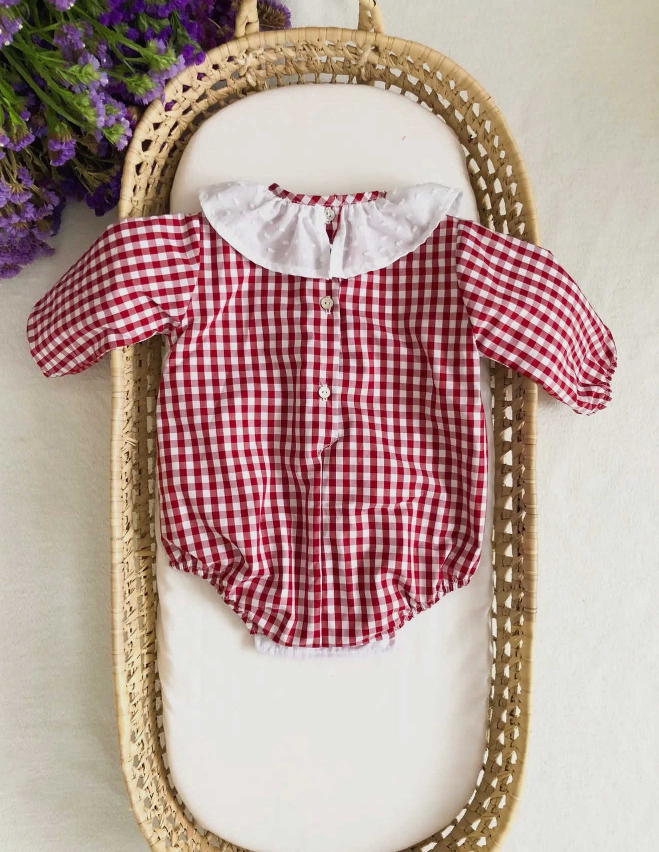 Red Gingham Baby Romper with Ruffle Collar
