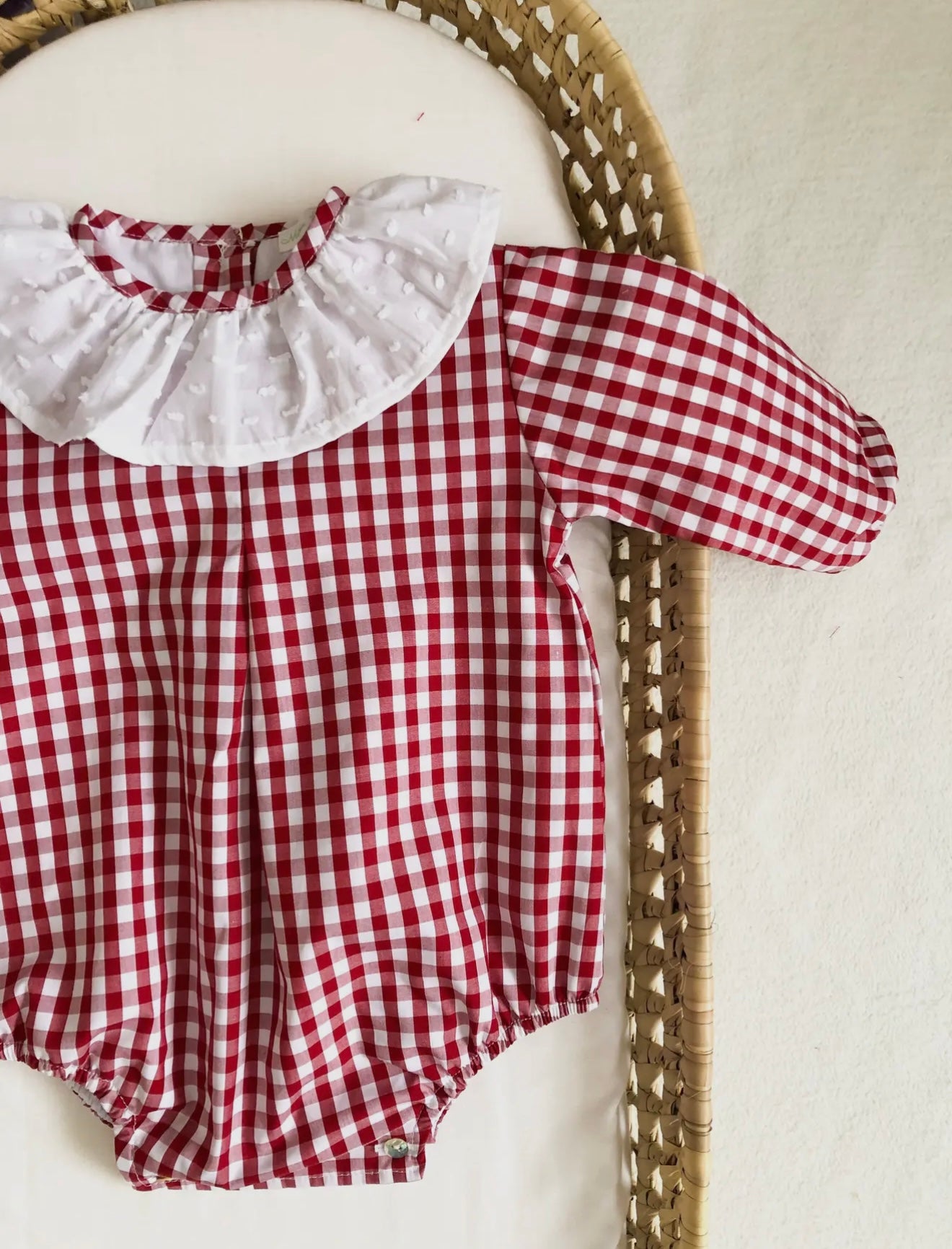 Red Gingham Baby Romper with Ruffle Collar