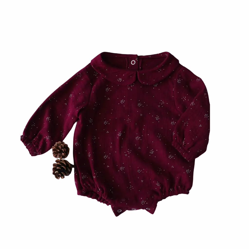 Burgundy Glitter Baby Romper with Claudine Collar