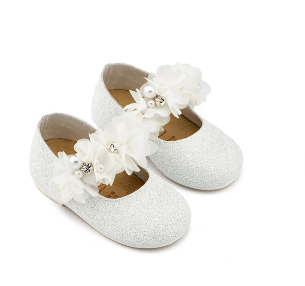 Babywalker Girls White Glitter Shoes with Floral Strap
