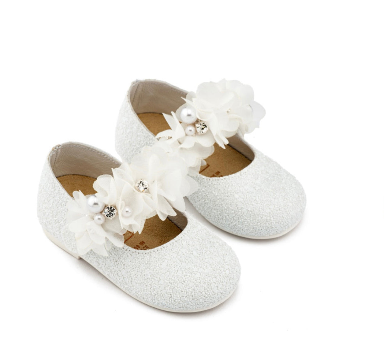 Babywalker Girls White Glitter Shoes with Floral Strap