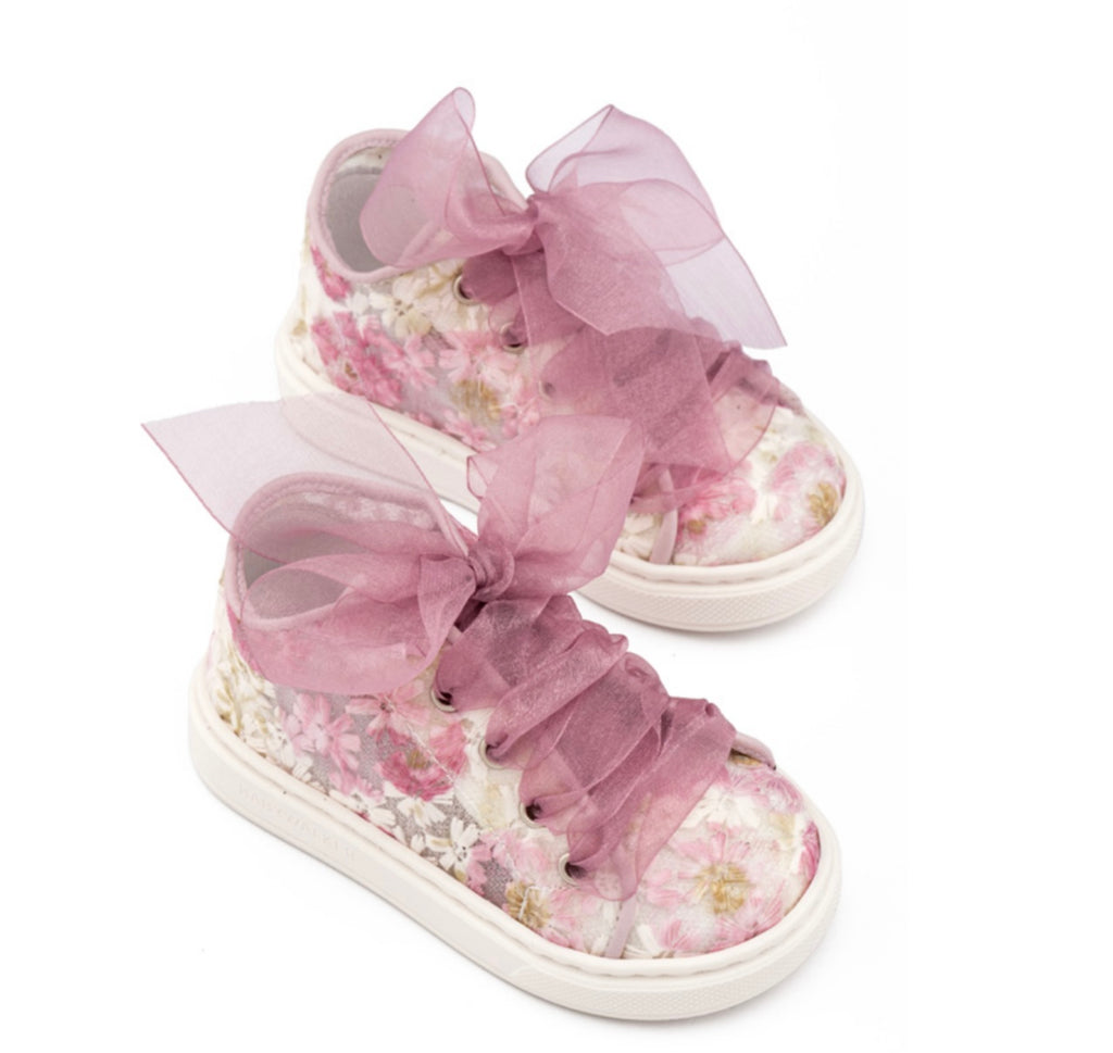 Babywalker Girls Pink Floral Shoes with Organza Ribbon