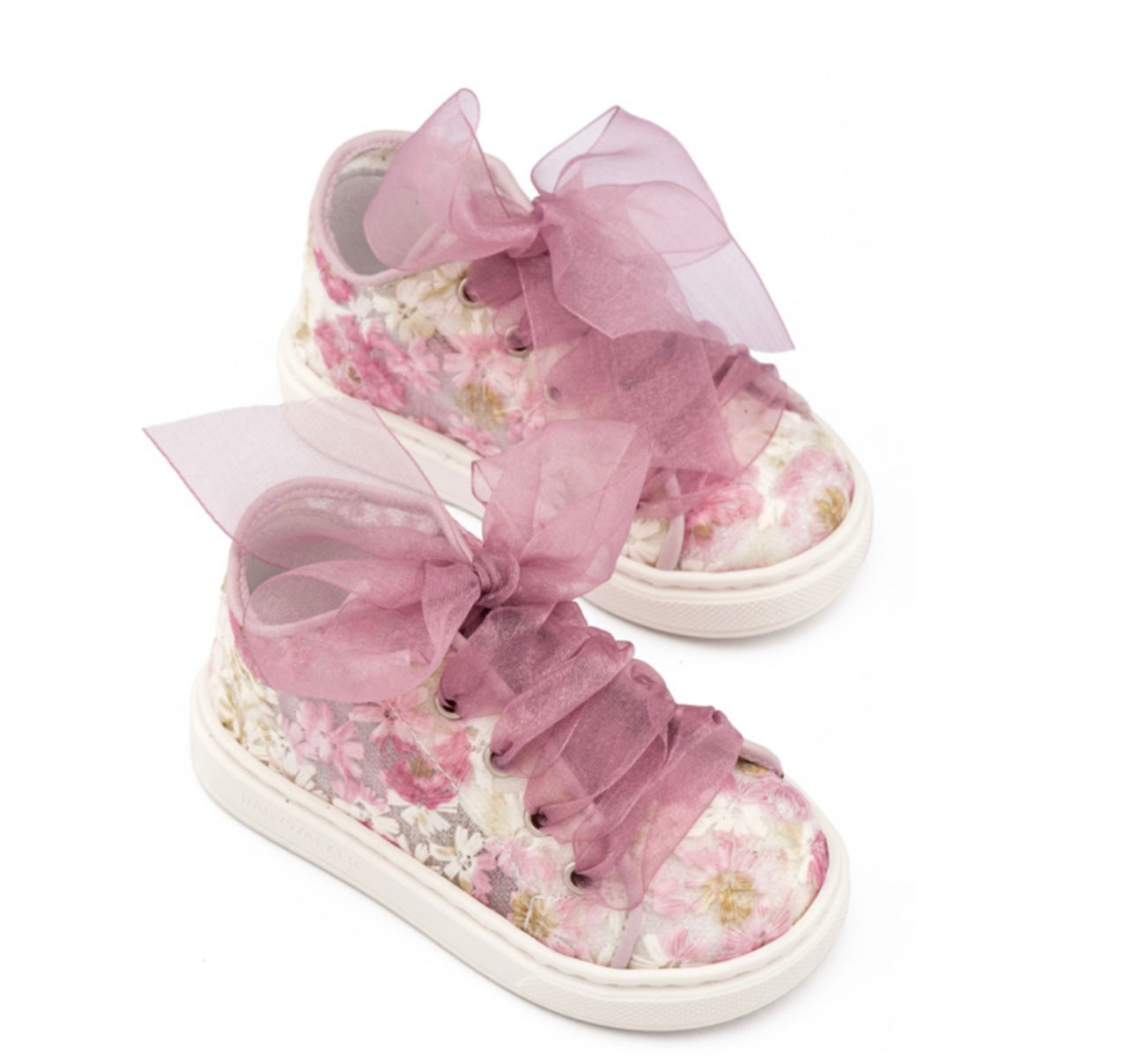 Babywalker Girls Pink Floral Shoes with Organza Ribbon