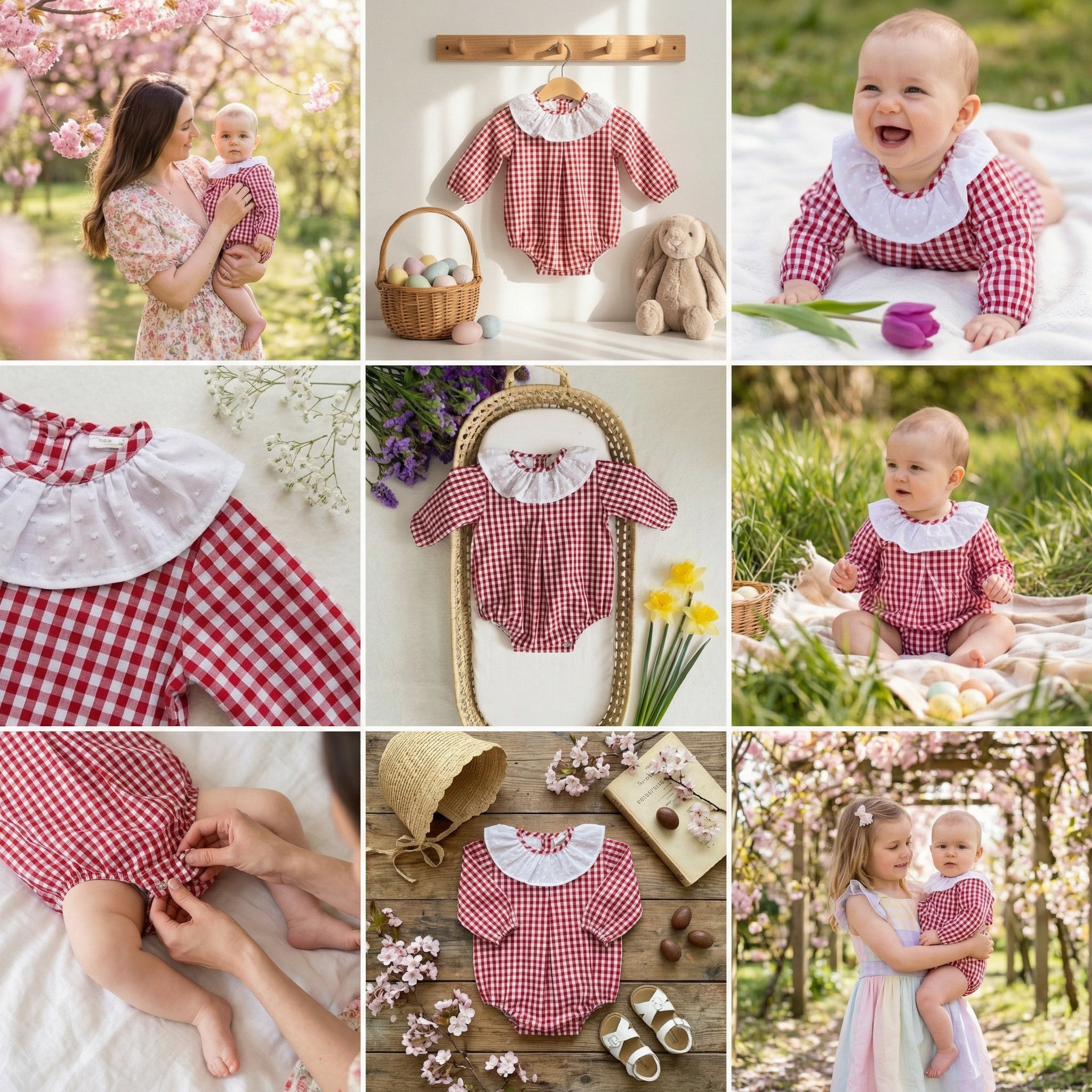 Red Gingham Baby Romper with Ruffle Collar