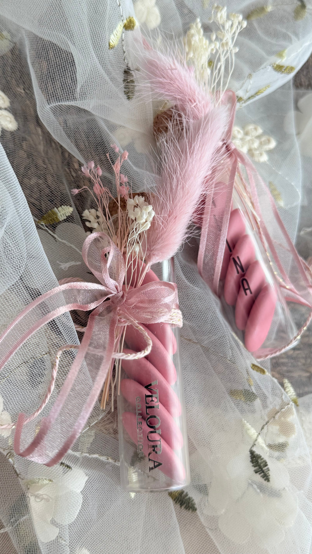 Personalized Favor for Baby Girl  Glass Tube with Pink Sugared Almonds & Name