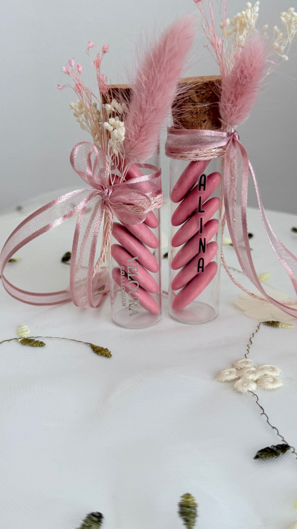 Personalized Favor for Baby Girl  Glass Tube with Pink Sugared Almonds & Name