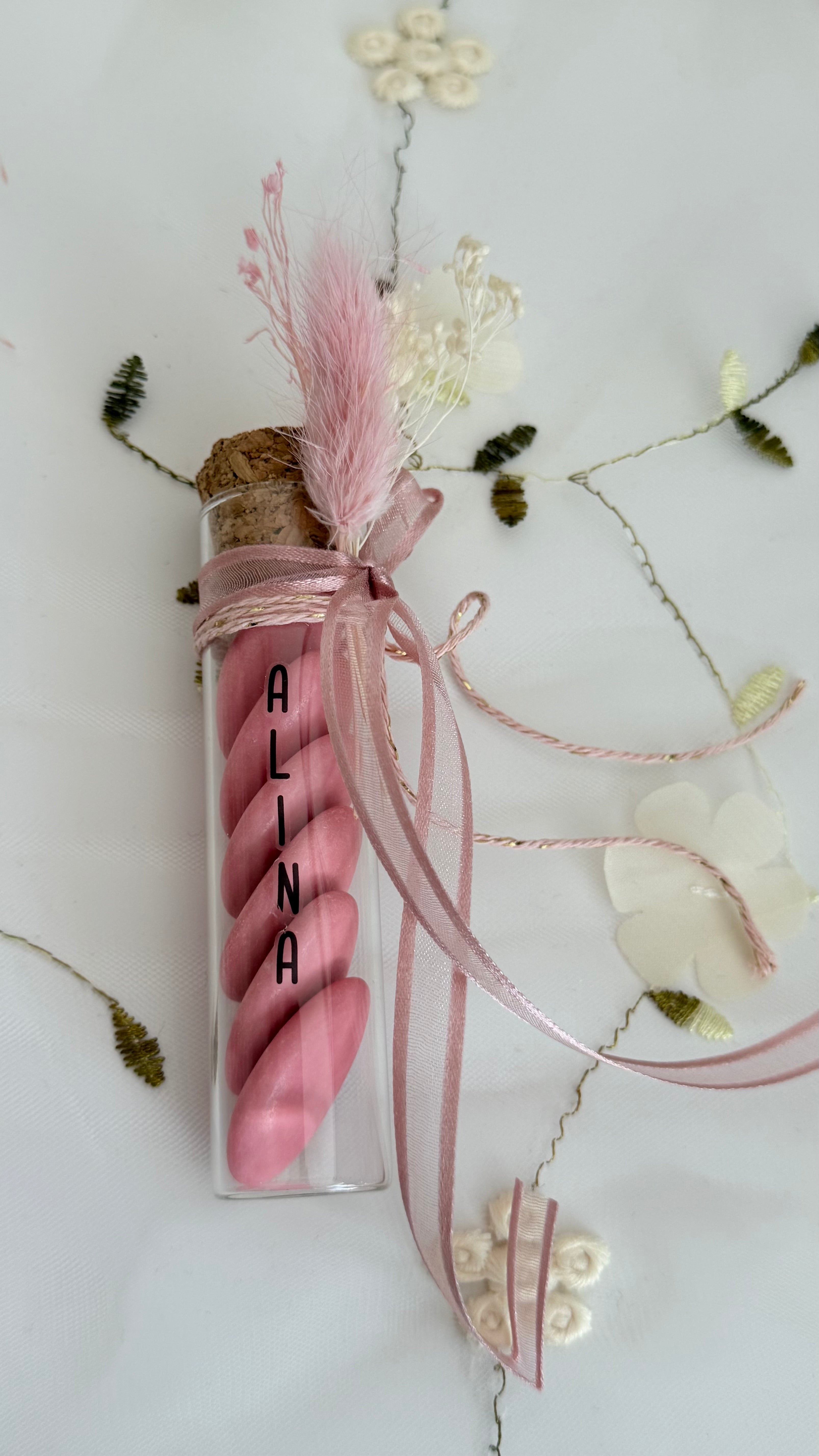 Personalized Favor for Baby Girl  Glass Tube with Pink Sugared Almonds & Name