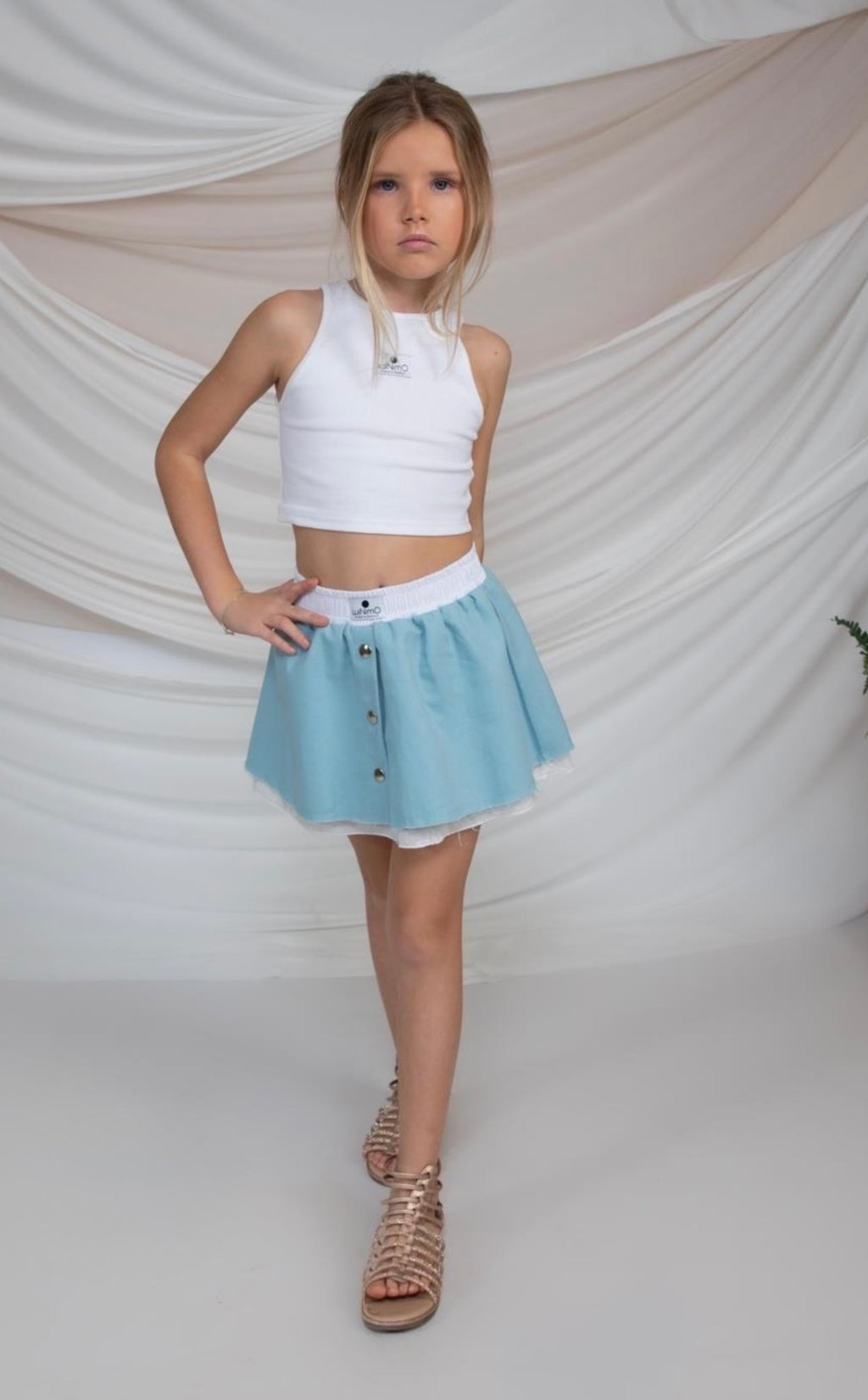White Crop Top & Blue Skirt Set for Girls