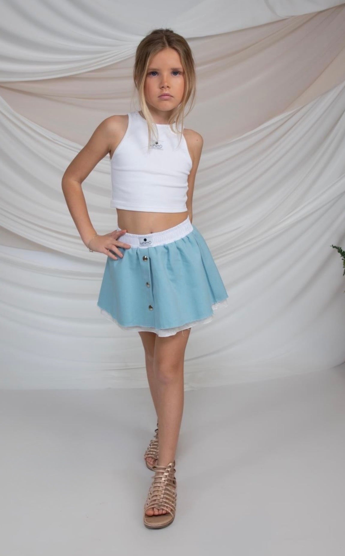 White Crop Top & Blue Skirt Set for Girls