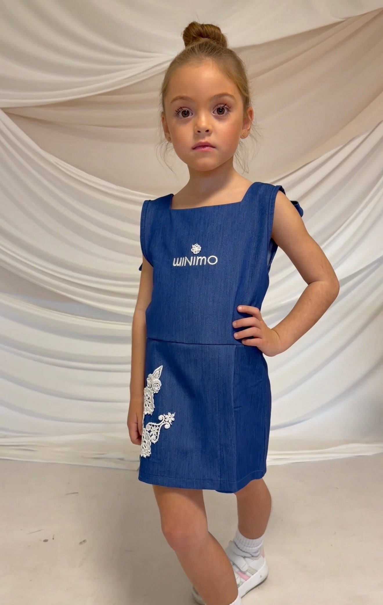 Elegant Blue Denim Girls Dress with Open Back & Lace Details