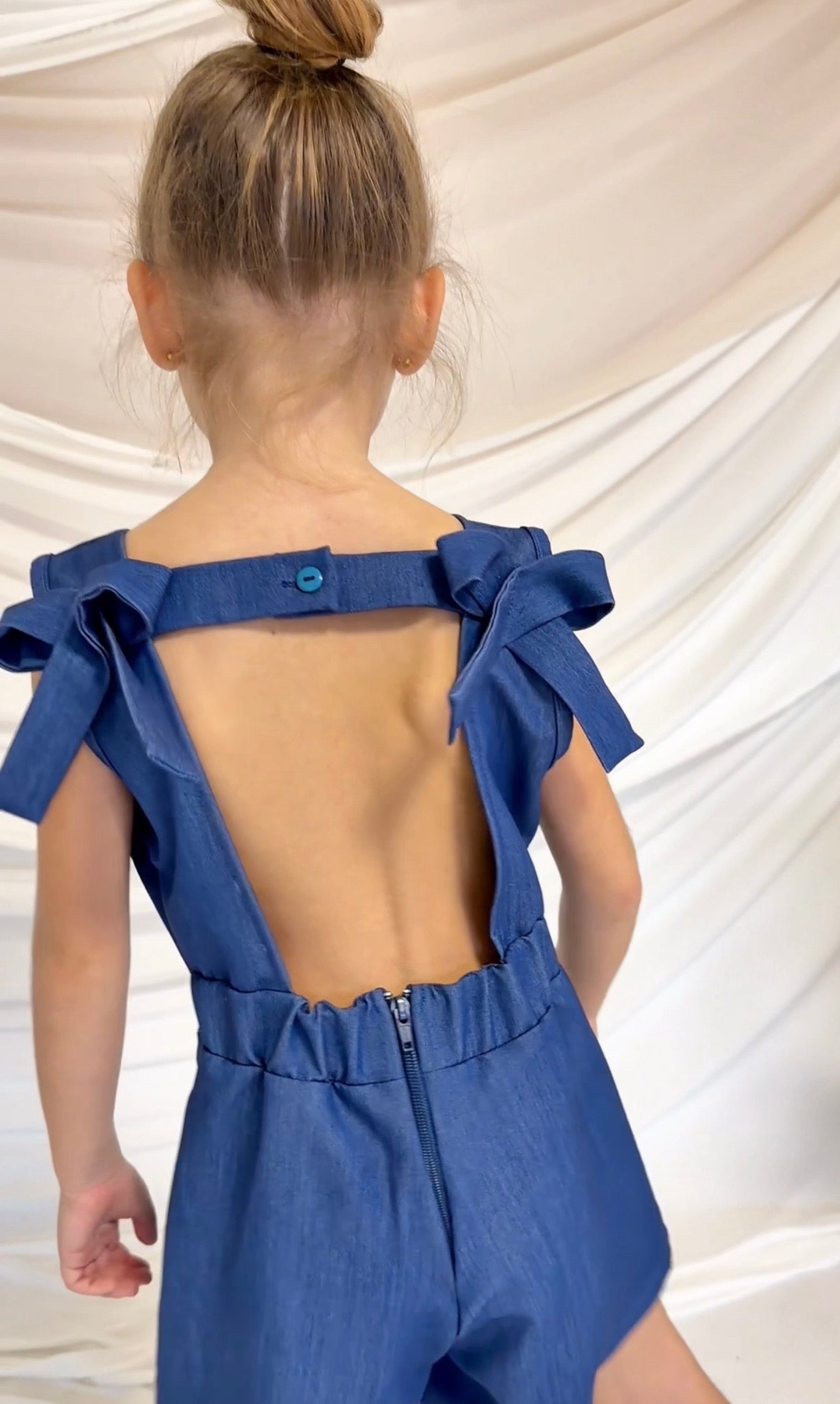 Elegant Blue Denim Girls Dress with Open Back & Lace Details