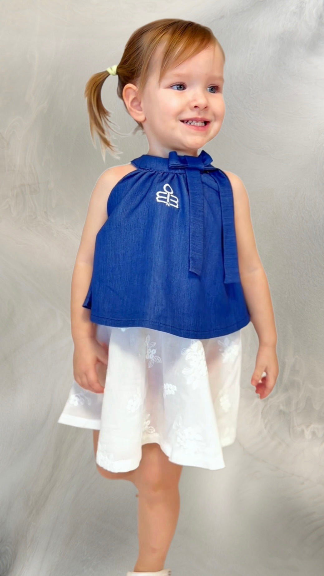 Elegant Blue & White Girls Dress with Bow Detail
