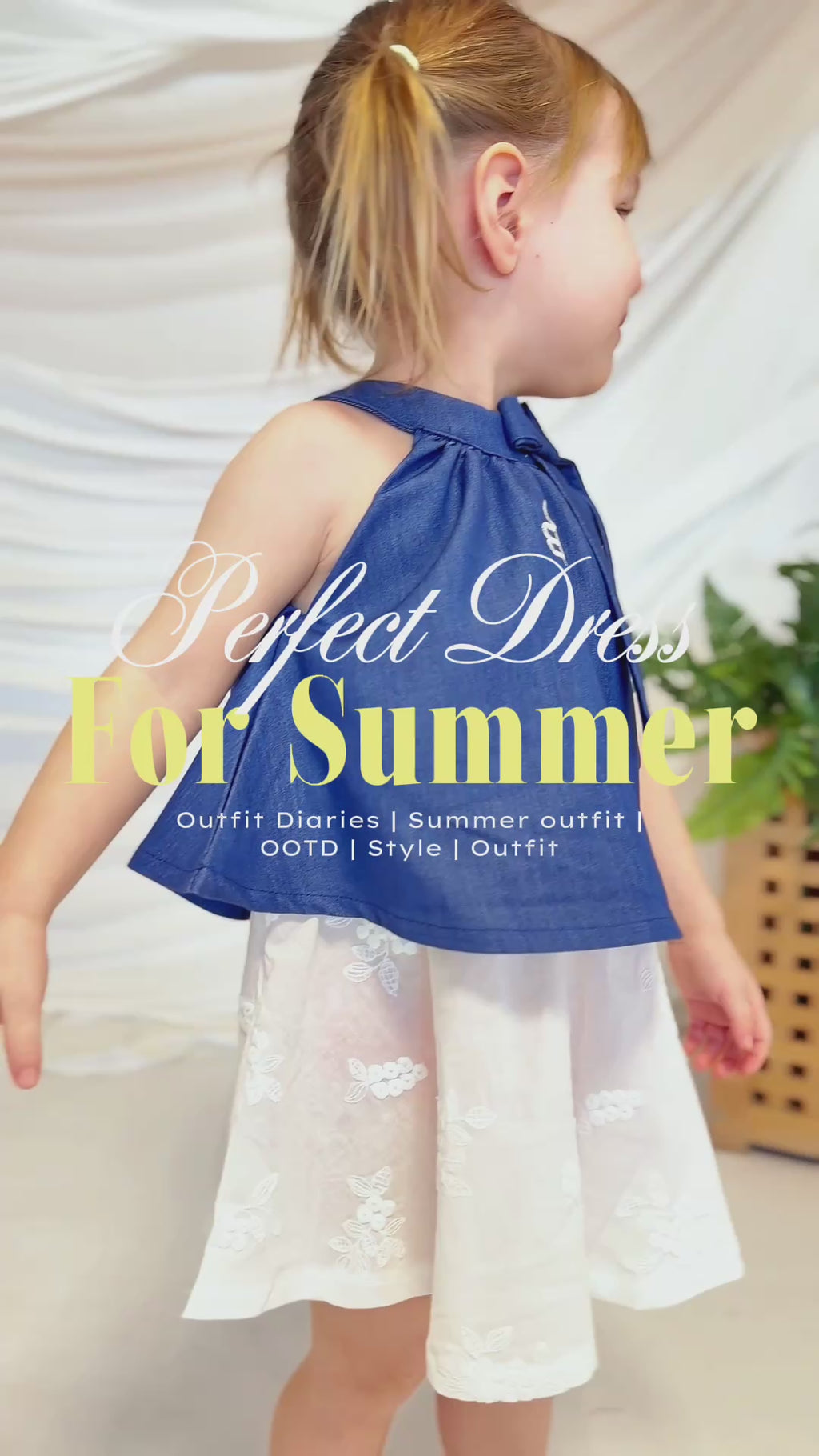 Elegant Blue & White Girls Dress with Bow Detail