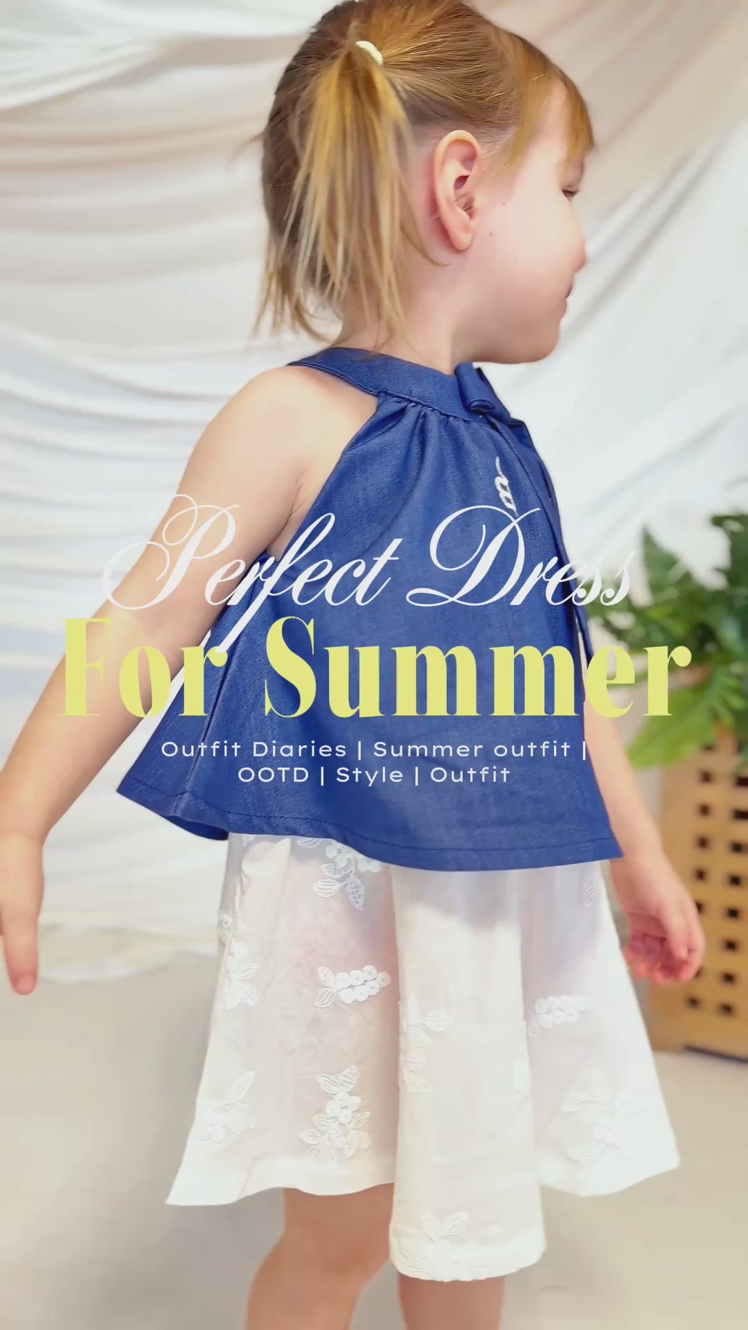 Elegant Blue & White Girls Dress with Bow Detail