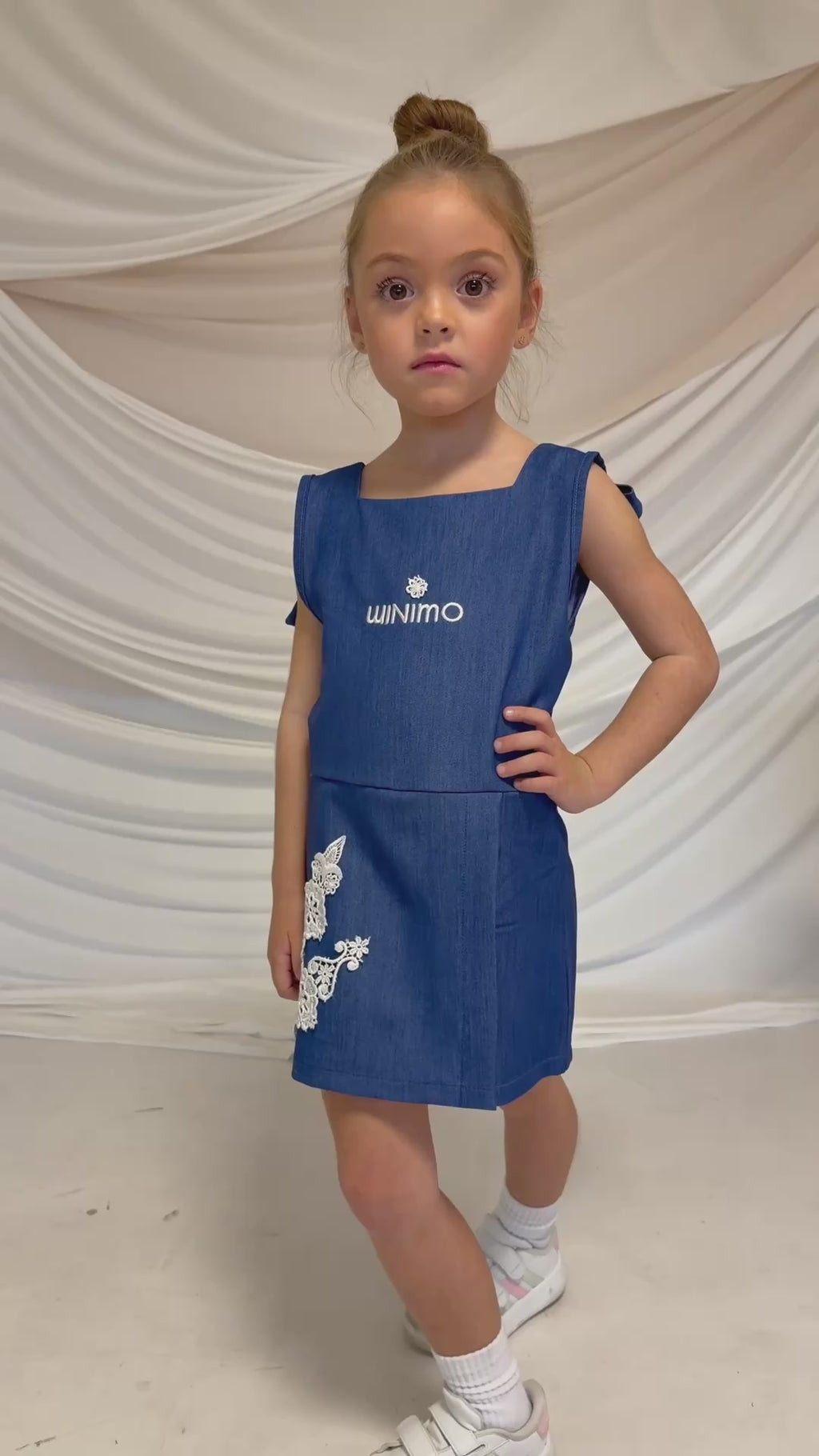 Elegant Blue Denim Girls Dress with Open Back & Lace Details